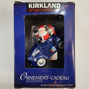 VINTAGE KIRKLAND Signature Collectible Gift Ornament Santa Driving Blue Car